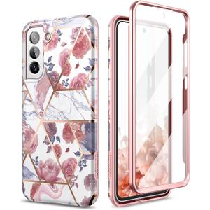 SURITCH Marble Case for Samsung Galaxy S21 FE, [Built-in Screen Protector] Full-Body Protection Shockproof Rugged Silicone TPU Bumper Protective Cover for Galaxy S21 FE 5G 6.4 Inch (Rose Marble)