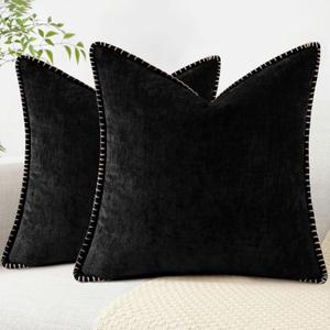 decorUhome Chenille Soft Throw Pillow Covers 18x18 Set of 2, Farmhouse Velvet Neutral Decorative Pillow Covers with Stitched Edge for Couch Sofa Bed Home Decor, Black