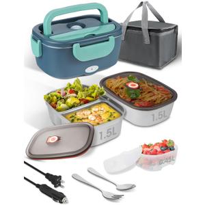 Electric-Lunch-Box-Heated-Food Warmer, 80W Heating Lunchbox for Adults, 2 Pack 1.5L Stainless Steel Containers, 12/24/110V Portable Warmer for Work/Car Lonchera Elctrica Porttil (Green)