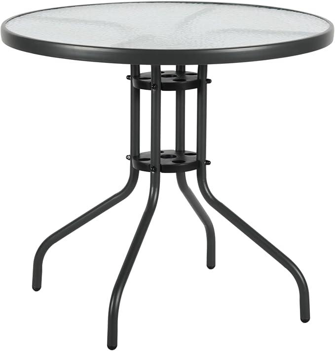 31.5" Glass Patio Table, Round Tempered Glass Top Metal Frame, Bistro Dining Table