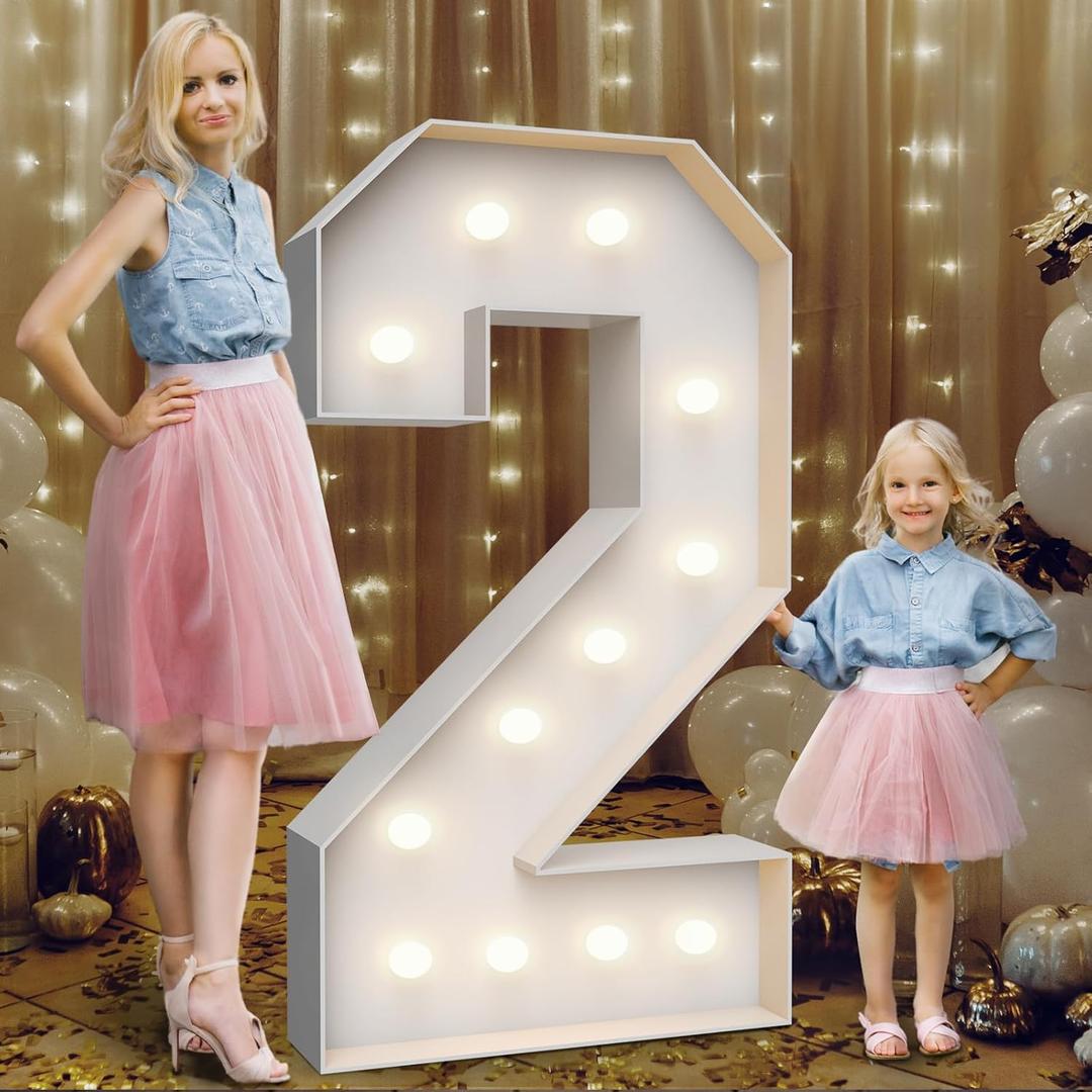 4FT Marquee Light Up Numbers 2,Party Decoration Large Marquee Light Up Letters with Weighted Water Bag, Pre-cut Foam Board Set Can Be Used for Birthdays, Weddings, Baby Anniversaries