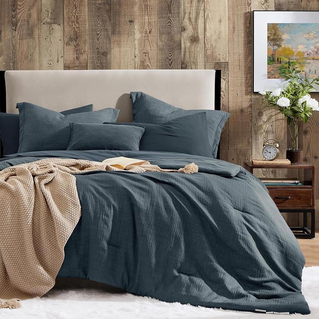 Geniospin King Size Comforter Set- 7 Piece Navy Blue Textured King Bedding Set, Soft Solid Bed in a Bag for All Season, King Comforter Set with Sheets(Navy Blue,102''x90'')