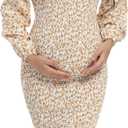 Spring Long Puff Sleeve Maternity Dress Floral Ruffle Hem Mermaid Baby Shower/Photoshoot Dress (Yellow, XL)