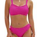 Blooming Jelly Womens Bikini Set Two Piece Bandeau Cheeky Bathing Suits Ruffle High Cut Mid Rise Eyelet Swimsuit (XS,Hot Pink)