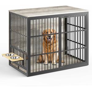 Lyromix 48'' XXL Dog Crate Furniture with Rotating Feeder, Large Wooden Crate End Table, Heavy Duty Indoor Kennel Cage for Medium to Large Dogs, Grey