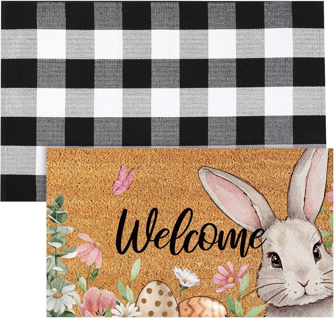 Duraaamo 2 Pcs Easter Coir Doormat Outdoor Rug Bunny Welcome Door Mat Layered Buffalo Plaid Black White Checkered Rug Coir Easter Mat for Outdoor Front Porch Entryway Decor