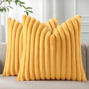Pallene Faux Fur Plush Throw Pillow Covers 16x16 Set of 2, Luxury Soft Fluffy Striped Decorative Pillow Covers for Sofa, Couch, Living Room, Mustard Yellow