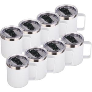 Volhoply 14oz Insulated Stainless Steel Coffee Mug with Lid Bulk 8 Pack,Not Suitable for Sublimation,Double Wall Vacuum Travel Coffee Cup with Handle, Reusable Metal Camping Mugs Keep Cold(White,8)