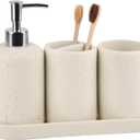 Bathroom Accessories Set,4 Piece Travertine Stone Look Bathroom Accessory Set with Soap Dispenser,Toothbrush Holder,Vanity Tray,Tumbler,Bathroom Organizer for Modern Bathrooms - Beige