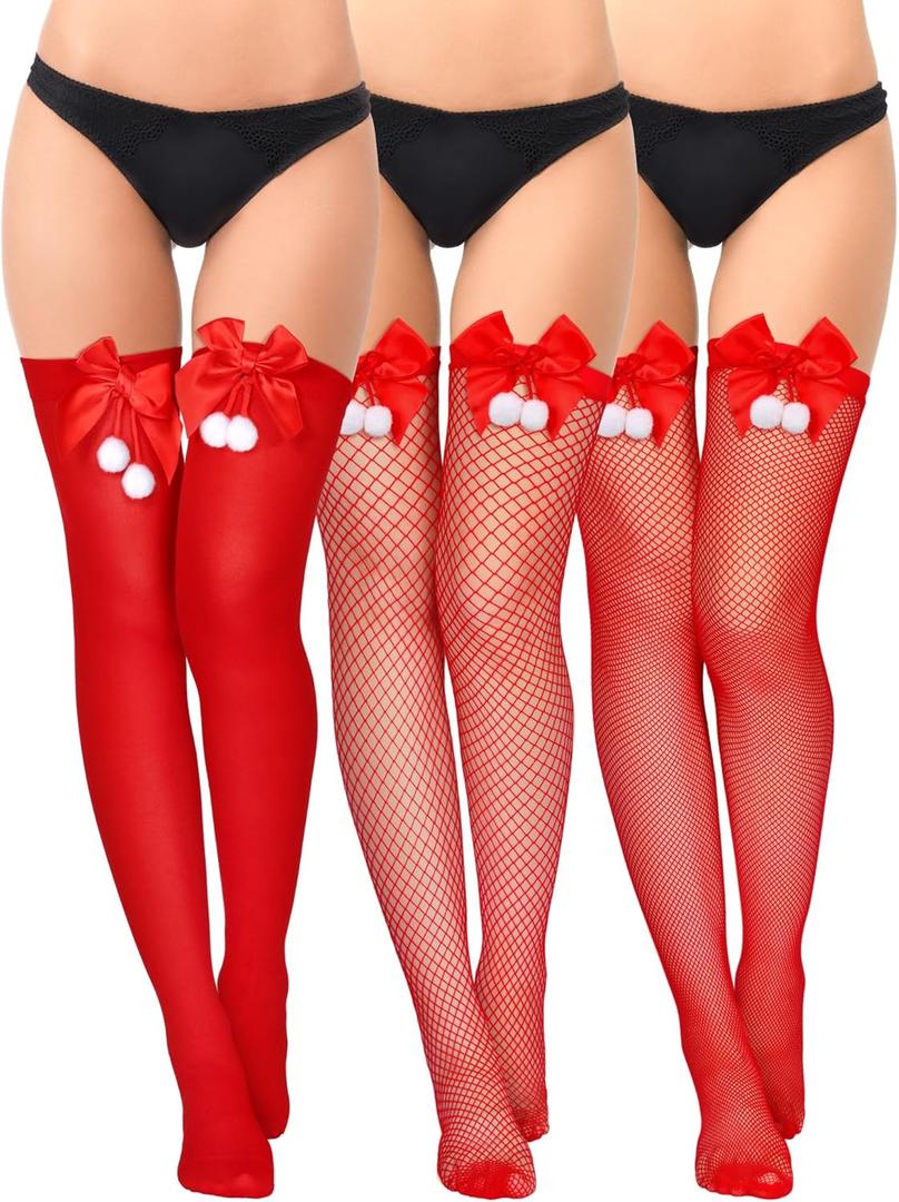 Tarpop 3 Pairs Christmas Thigh High Stockings for Women Sexy Fishnet Tights Red with Satin Bow over The Knee Stretchy Stocks