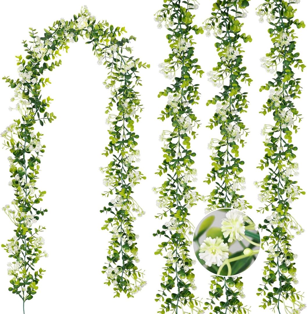 6FT Eucalyptus Garland with Flowers, 4 Pack Greenery Hanging Spring Eucalyptus Garland Suitable for Table Wedding Backdrop Arch Wall Party Thanksgiving UV Protected Indoor Outdoor Decorations