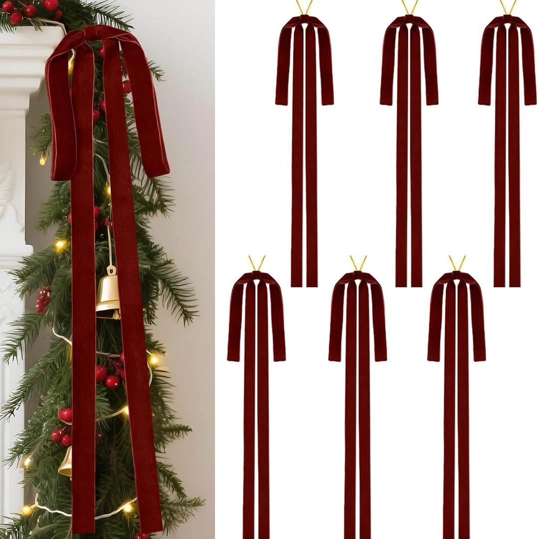 6 Pcs Burgundy Velvet Christmas Swag Bows 23.5x15.5 Inch, Rustic Large Velvet Christmas Staircase Wreath Bow, Pre-Tied Vintage Tree Topper Ribbon Bow for Outdoor Door Garland Wall Home Decorations