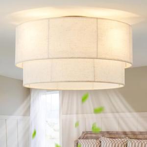 Ceiling Fan with Lights Flush Mount, 20" Low Profile Boho Ceiling Fan with Light Remote Control, Bladeless Rattan 6 Speeds for Bedroom, Living Room, Nursery (Beige)