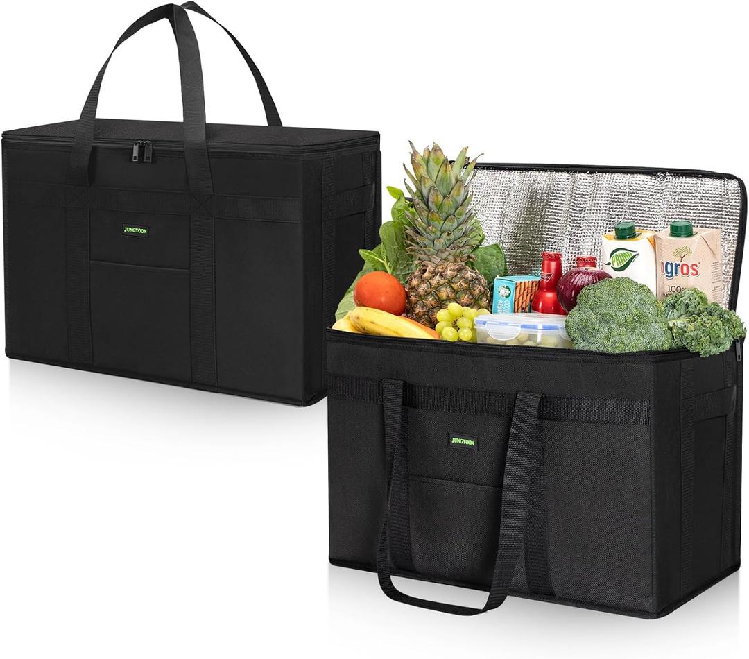 JUNGYOON Heavy-Duty Insulated Grocery Bags & Insulated Bag  Collapsible Cooler Bag with Zippered Top (20''x10''x13'', 2 Pack-Black-42L)