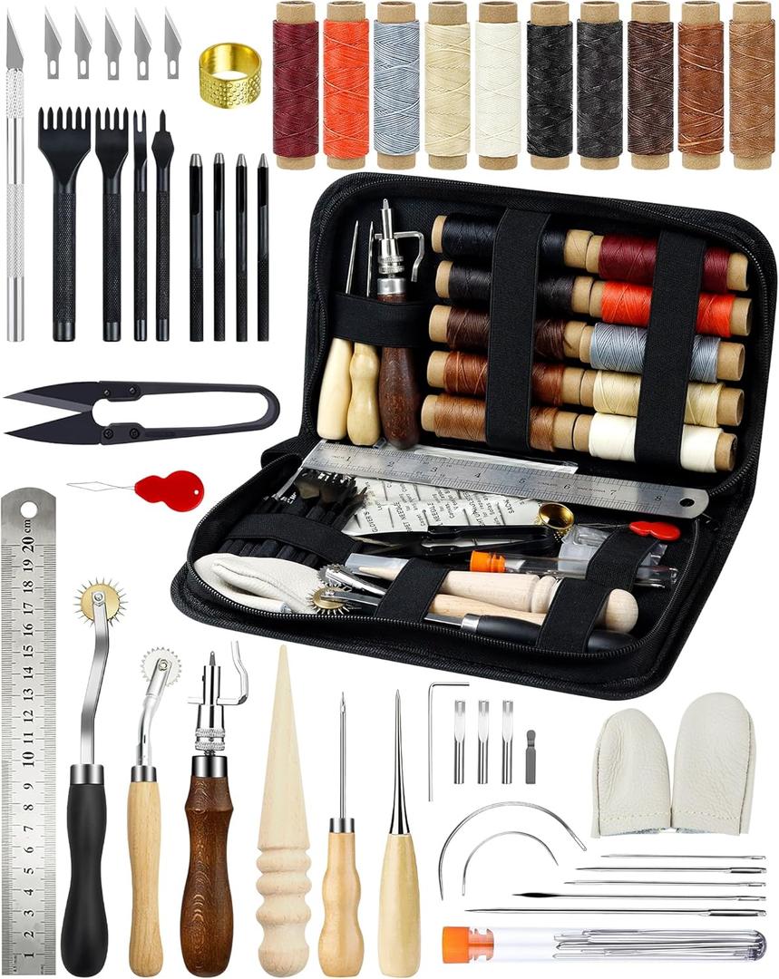 PLANTIONAL Leather Working Tools for Beginners: Professional Leather Craft Kit with Waxed Thread Groover Awl Stitching Punch for Leathercraft Adults Gifts 02