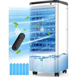Evaporative Air Cooler, Swamp Cooler Air Conditioner w/ 12H Timer for Auto-off, 6 Upgraded Ice Packs, 3-Speed Windowless Air Conditioner, Smart Remote, Dual Tank Portable Air Cooler for Room