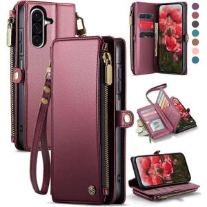Defencase for Samsung Galaxy A17 5G Case Wallet with RFID Blocking Card Holder for Women and Men, PU Leather Magnetic Snap Flip Zipper Strap Wallet Phone Case for Galaxy A17 5G 6.7", Wine Red