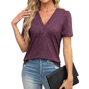THANTH Womens Tops Dressy Casual V Neck Puff Short Sleeve Shirts Summer Loose Tunic Blouses T Shirts Trendy Tops Reddish Purple L