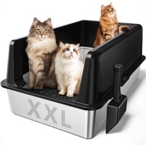 Zarler XXL Stainless Steel Litter Box, Extra Large Cat Litter Boxes 27.8" L x 20" W x 12.9" H, Jumbo Metal Litter Box with Lid for Multiple Cats, High Sided, Non-Sticky, Anti-Urine Leakage (Black)
