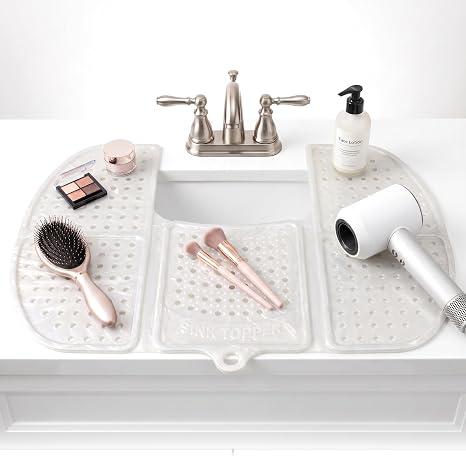 Sink Topper Bathroom Counter Cover & Storage Saver, Foldable Silicone Mat for Hot Tools, Hair Styling & Makeup, Beauty Brush Cleaning Mat, RV Camper Sink Cover & for Small Spaces (Large Pearl)