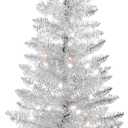 4ft Artificial Christmas Tree with Lights, Indoor & Outdoor Christmas Tree with 50 Warm White Lights, Xmas Pine Tree for Home Office Party Decor, Silver Tinsel