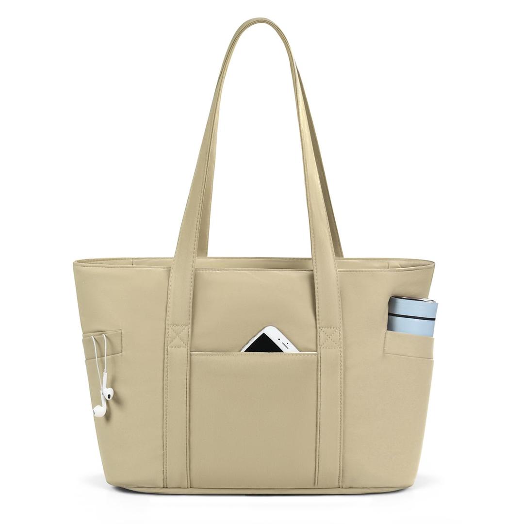 2 x CTWWFS Large Tote Bag for Women, Nylon Lightweight Tote Bag with Zipper, Work Tote with 15.6" Laptop Sleeve, Nurse Teacher Bag for Work & College (Brown)