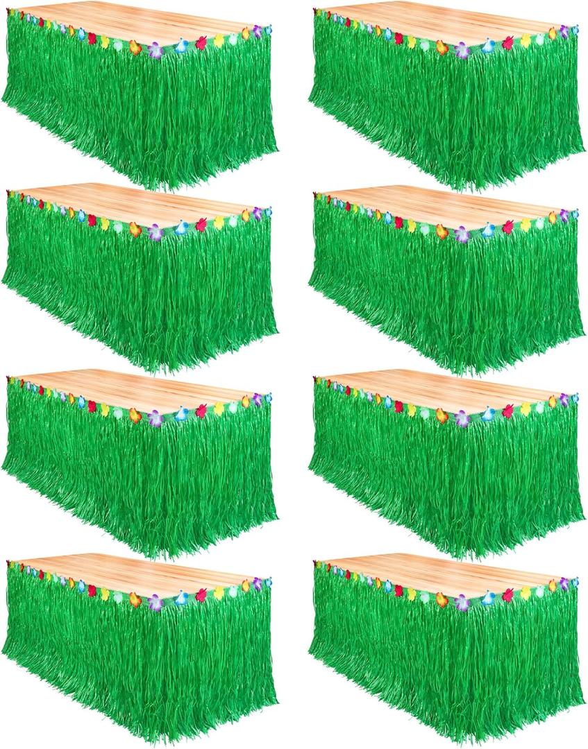 Fovths 8 Pack Luau Grass Table Skirt Natural 9 Feet x 29.5 Inch Hawaiian Table Skirt for Tropical Hawaiian Party Decorations Luau Party Costume Party, Green