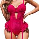 Avidlove Lingerie for Women Mesh Lace Bodysuit Sexy Wireless Garter Lingerie Set Teddy Lingerie (Medium, Rose Red)