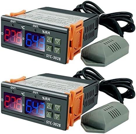 2Pcs All-Purpose Intelligent Digital Display Temperature and Humidity Controller with Dual Displays and Relay Outputs STC-3028 10A AC110~220V for Incubator Brooder Refrigerator Fermenter Greenhouse