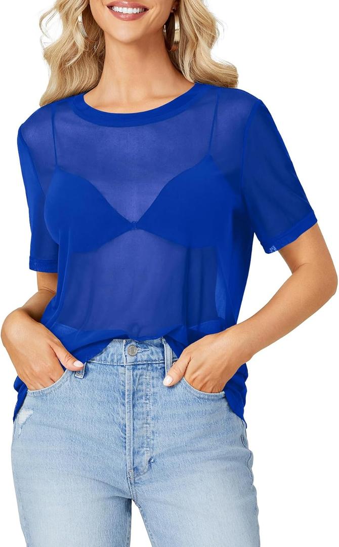 Rooscier Women's Sheer Mesh Short Sleeve Round Neck See Through Sexy Blouse Shirt Top Size L (Royal Blue)