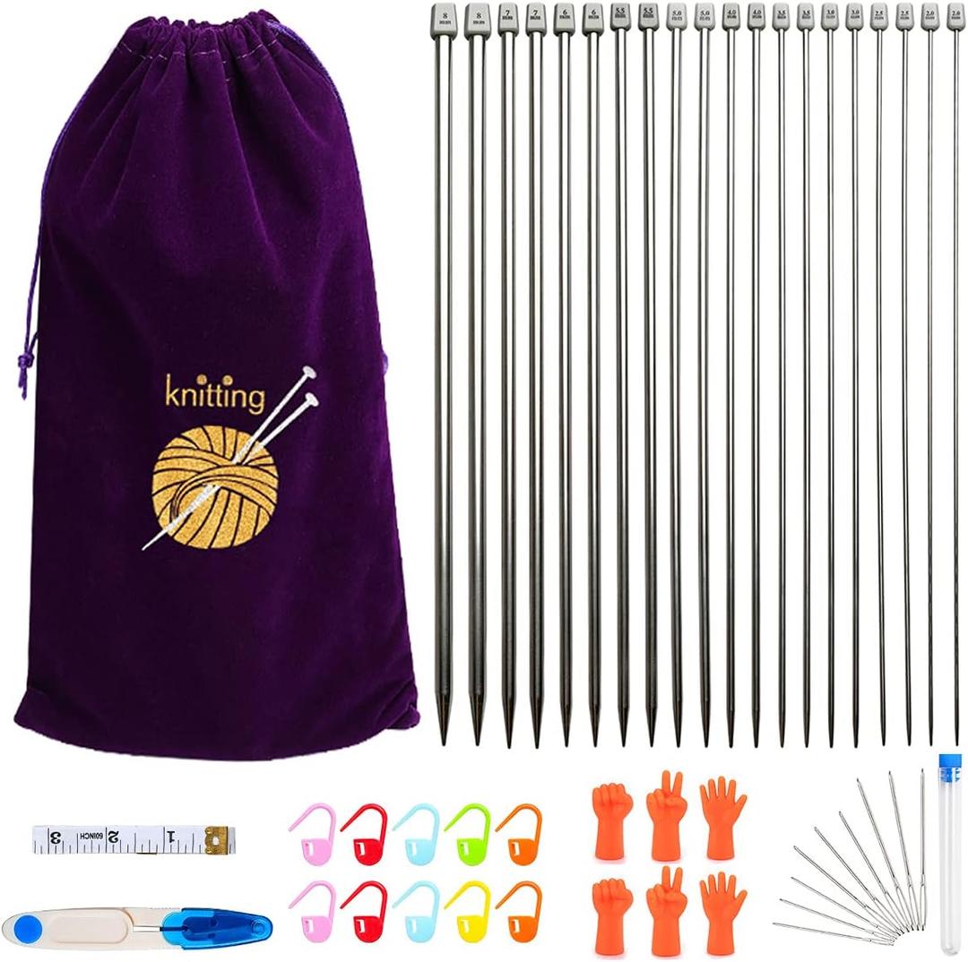 KOKNIT 11 Pairs Knitting Needle Set, 10'' Length Stainless Steel Single Pointed Sweater Staight Needle Kit in Different Sizes, Great for Weaving or Knitting (25cm)