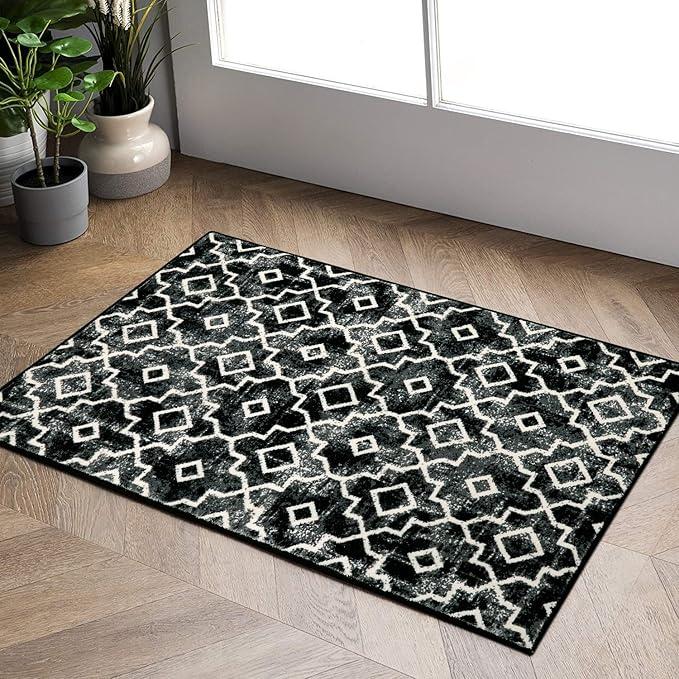 Wonnitar Moroccan Washable Runner Rug - Runner Rugs for Hallway, Long Non-Slip Distressed Bathroom Throw Mat, Modern Trellis Carpet Runner for Bedroom Kitchen Entrance, Black (1'11" x 7'11")