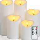 Raycare 3"x4"5" 6" 8" 8" Outdoor Waterproof Flameless Candles, Battery Operated LED Candles with Remote Control and Timer, Electric Fake Plastic Pillar Candles, Ivory White, Set of 5