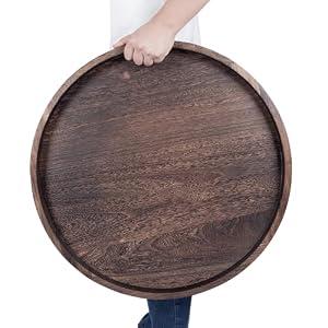 Round Ottoman Tray for Coffee Table Living Room Wood Serving Tray Large Wooden 24 Inches Rustic Brown