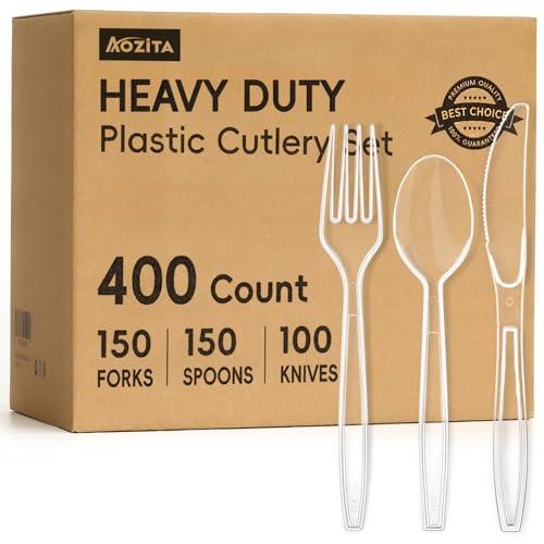 400 Count Heavy Duty Plastic Silverware, BPA-Free, Clear Plastic Cutlery Set, Premium Disposable Utensils for Party Everyday Use, 150 Forks, 150 Spoons and 100 Knives
