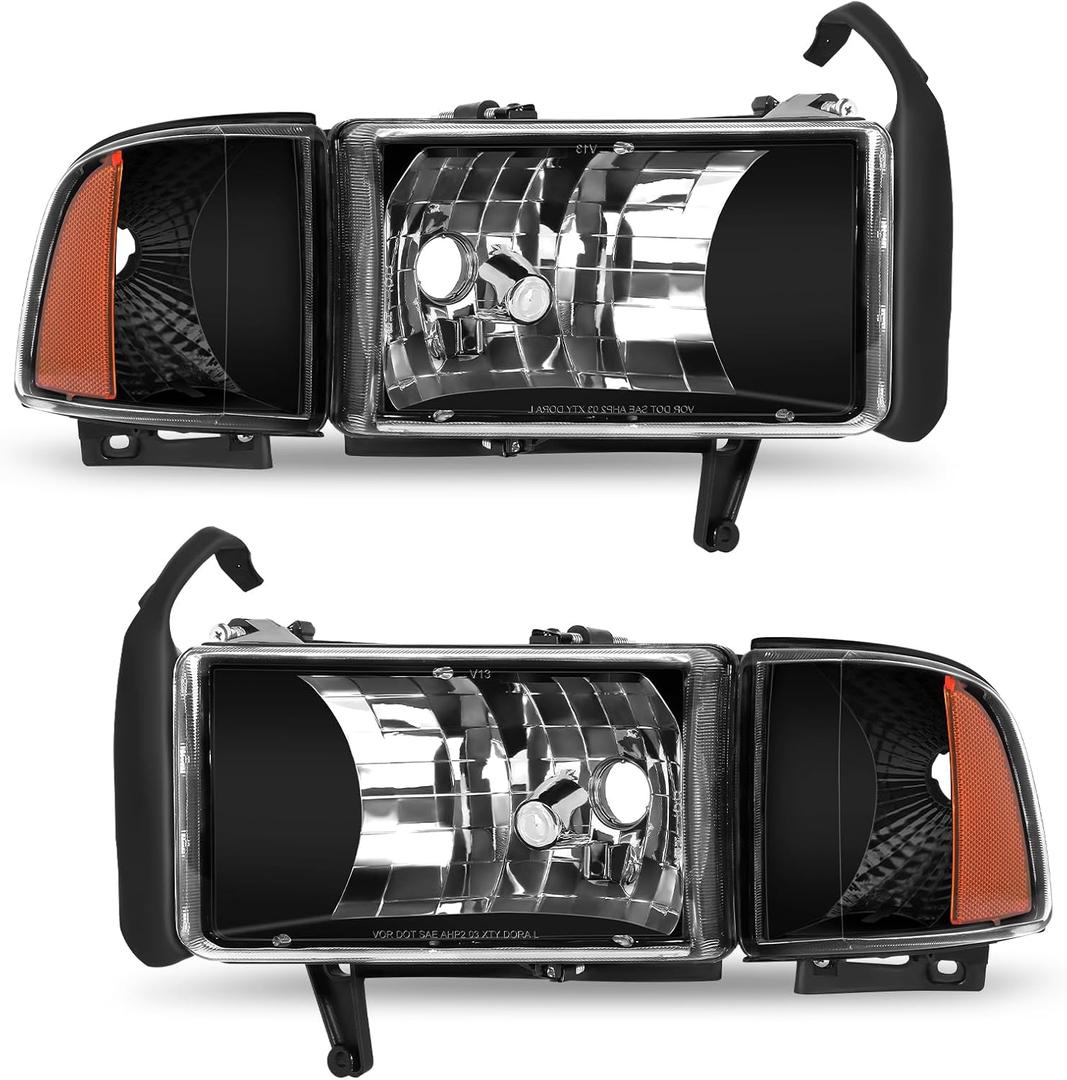 ELH Headlight Assembly Fit For 1994-2001 1994 1995 1996 1997 1998 1999 2000 2001 Dodge Ram 1500 94-01 1994-2001 Dodge Ram 1500/1994-2002 94-02 Dodge Ram Pickup 2500 3500 Headlights Black Housing