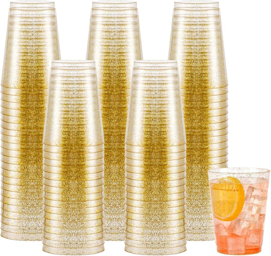 supernal 200pcs Gold Glitter Plastic Cups,10oz Disposable Plastic Cups,Disposable Glasses Tumblers,Drinking Tumblers for Party,Wedding,Birthday