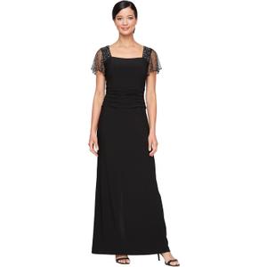 S.L. Fashions Women's Long Length Ruched Waist Formal Evening Dress with Beaded Illusion Sleeves (Petite and Regular Sizes) (Black)