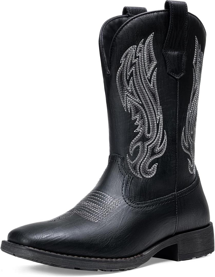 Jousen Cowboy Boots for Men Embroidery Men's Western Boots Retro Square Toe Mens Boot Botas Vaqueras Para Hombre (Black)