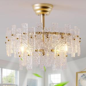 20" Gold Fandelier Ceiling Fan with Light,Gold Crystal Chandelier Ceiling Fans with Lights and Remote Control,Mid-Century Modern Caged with 6 Speeds for Living Room Bedroom Nursery