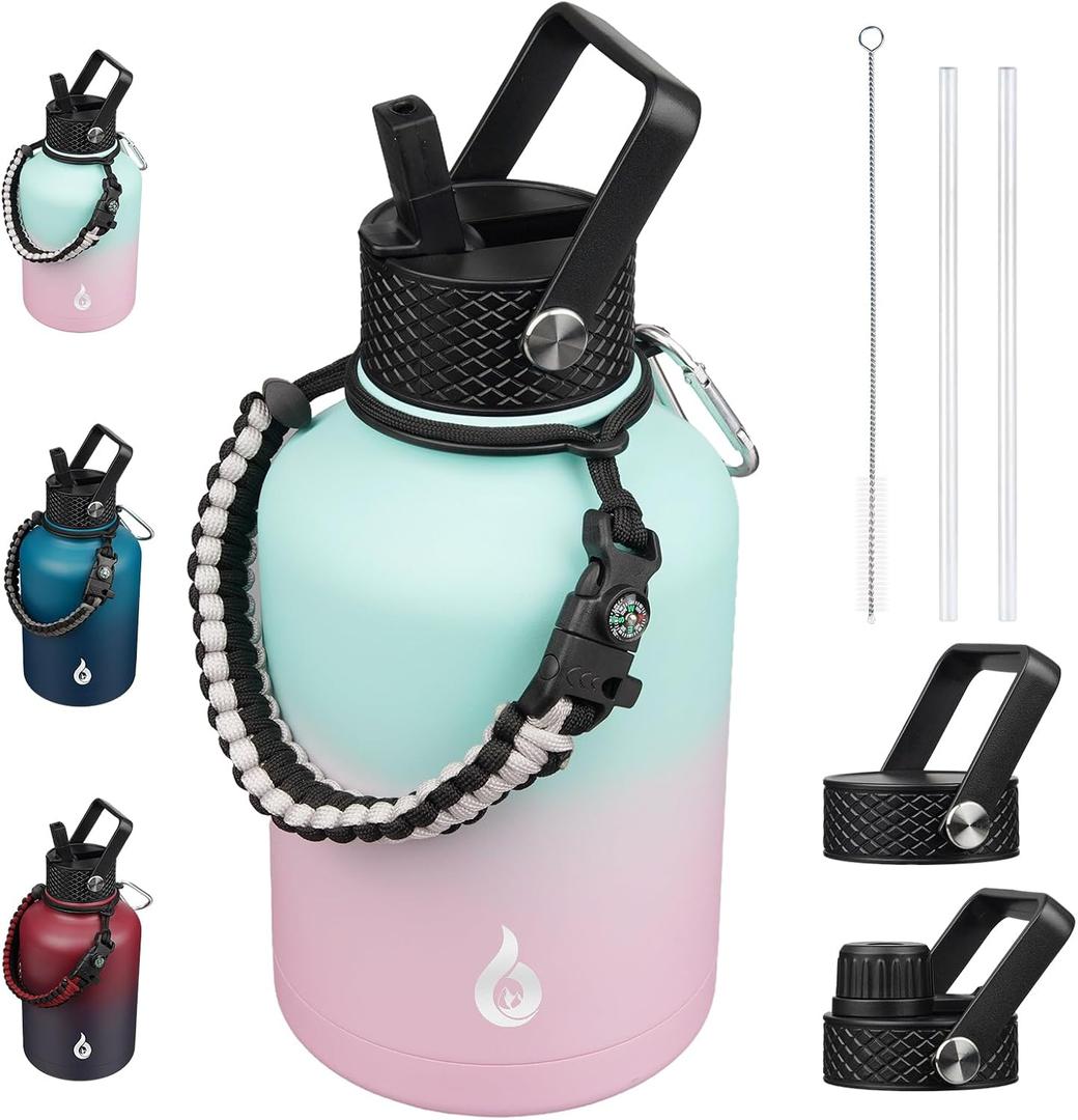 BJPKPK Insulated Water Bottles with Straw Lid, 50oz Large Water Bottle with 3 Lids and Paracord Strap, Stainless Steel Metal Water Bottle, Insulated Water Jug,Marshmallow