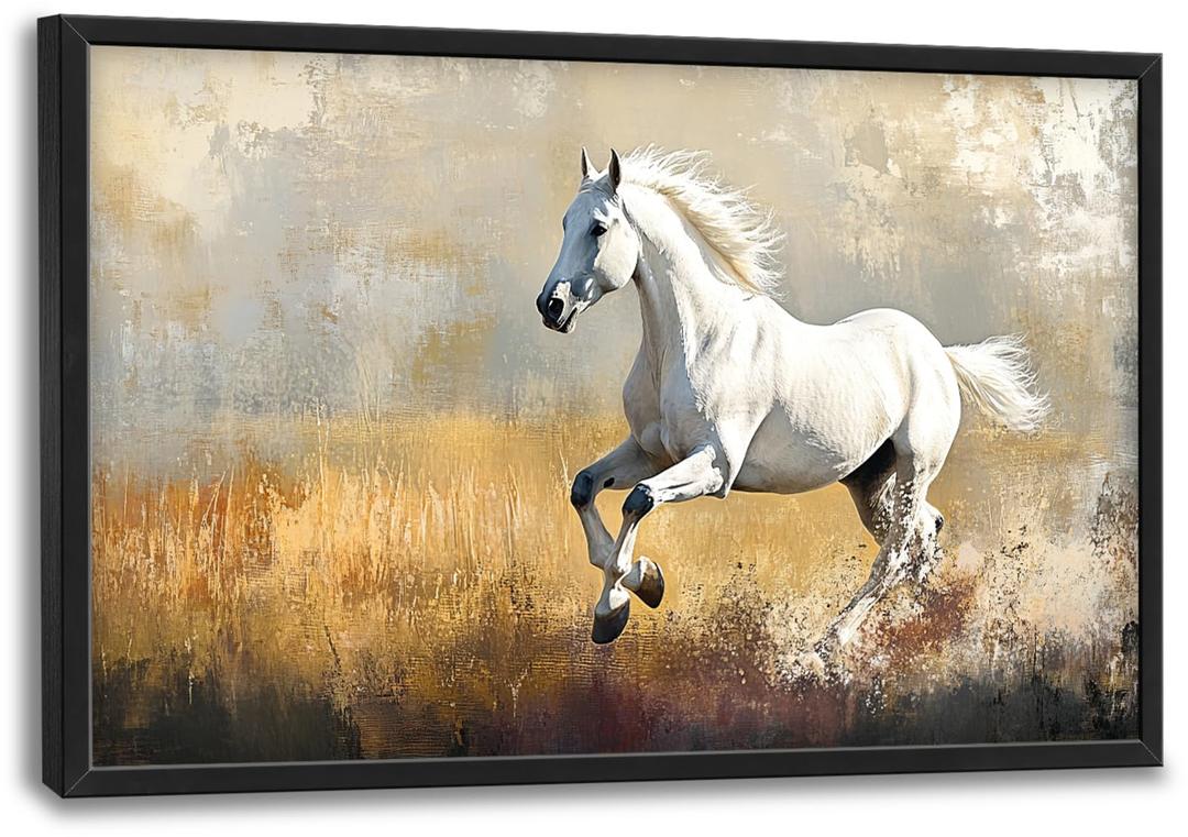 Extra Large Framed Horse Wall Art,Oversized Rustic Horse Running Wall Decor, Vintage Wild Animal Field Pictures for Living Room,Canvas Print Painting Modern Artwork Bedroom Office 36L x24W