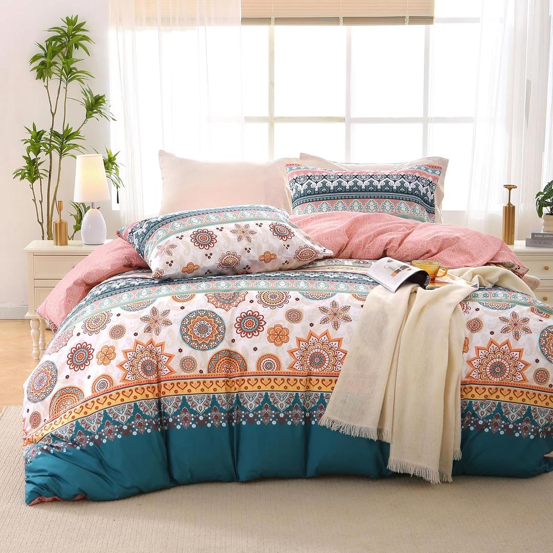 MUXHOMO Duvet Cover Queen Size Floral Duvet Cover Set with Zipper Closure, Boho Flower Bedding Set, 3 Pieces, 1 Duvet Cover 90"x90" with 4 Corner Ties and 2 Pillowcases 20"x30"