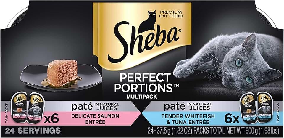 SHEBA PERFECT PORTIONS 2.6 oz. Multipack Pate, Delicate Salmon and Tender Whitefish & Tuna Wet Cat Food (12 Twin Packs) 2 pack BB 02/17/28