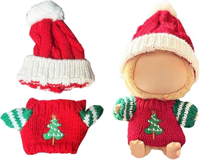 17cm Dolls Christmas Outfit - 2-Piece Clothing Set for Labubu Clothes Set Including a Knitted top&hat Accessories, Christmas Clothes for Labubu Dolls Accessories- (No Doll)