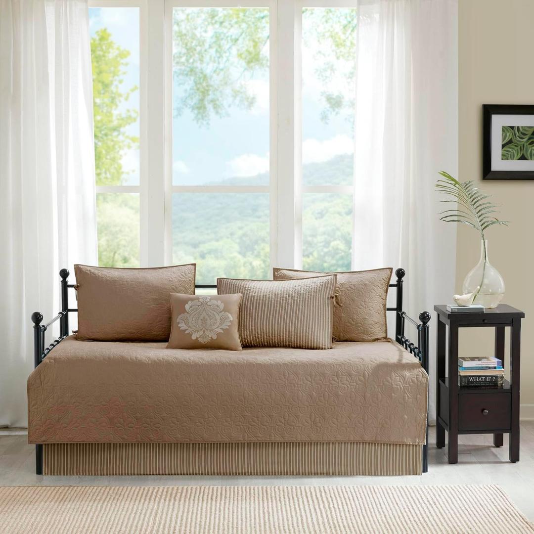 Madison Park Cotton Daybed Cover Set-Double Sided Quilting Classic Cottage Design All Season Bedding with Bedskirt, Matching Shams, Decorative Pillow, 39"x75", Quebec Khaki 6 Piece
