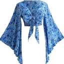 BEAUDRM Women's Boho Tops Wrap Western Country Concert 70s Outfits Tie Front Long Bell Sleeve Tops Hippie Disco Clothes (Blue Flower Boho, Medium)