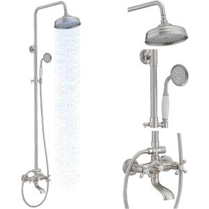 Exposed Shower System, 3 Function Outdoor Shower Kit with Wall Mounted, 8 Inch Rain Shower Head, Handheld Shower & Tub Spout, Dual Handle Shower Faucet Set, Brushed Nickel