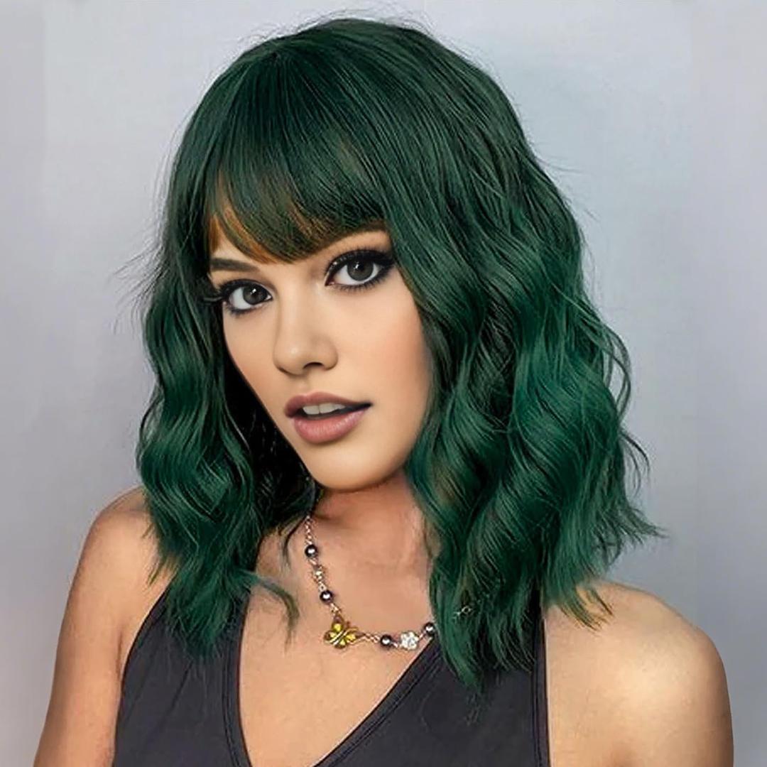 AGO Short Bob Wig with Bangs Dark Green Loose Wave Wigs Shoulder Length 14Inch for Women Colorful Costume Wig Heat Resistant Fiber Hair for Daily Party Halloween Cosplay Use(4/610#DarkGreen)