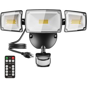 USTELLAR 55W Plug in Flood Light Outdoor, 5500lm Motion Sensor Outdoor Lights with Remote Control, Dusk to Dawn Security Light, IP65 Waterproof, 5000K Daylight Wall Mounted for Garage, Yard, 1 Pack (Black)